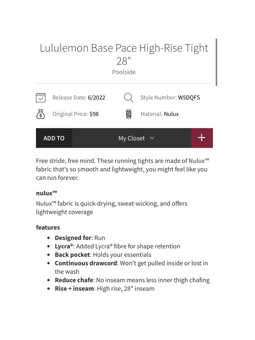 Lululemon Base Pace High-Rise Tight
28"' Poolside Size 4 - Picture 4 of 13